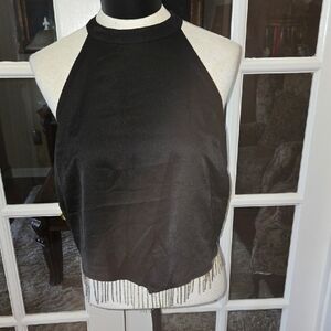 Elegant blueb. black halter top with Rhinestone Fringe Hemline Lined Large NEW